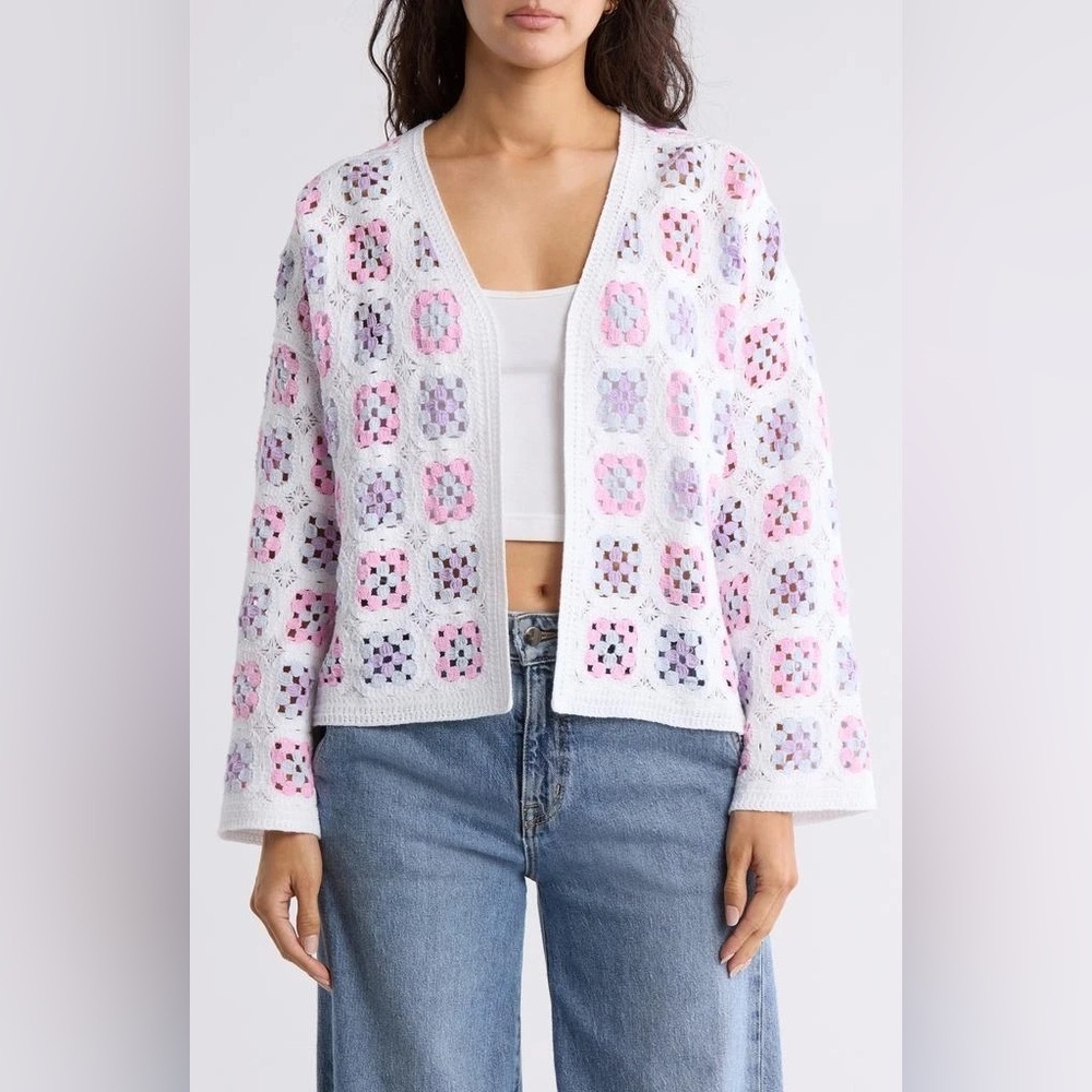 Design365 White & Pastel Color Crochet Open Cardigan Sweater Women’s Size Medium